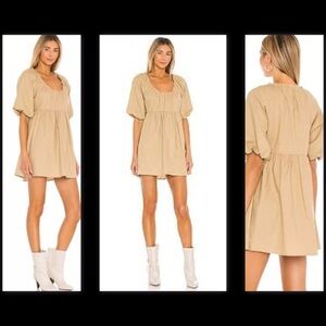 House Of Harlow 1960x REVOLVE Ajay Linen Blend Puff Sleeve Dress Rich Tan XS